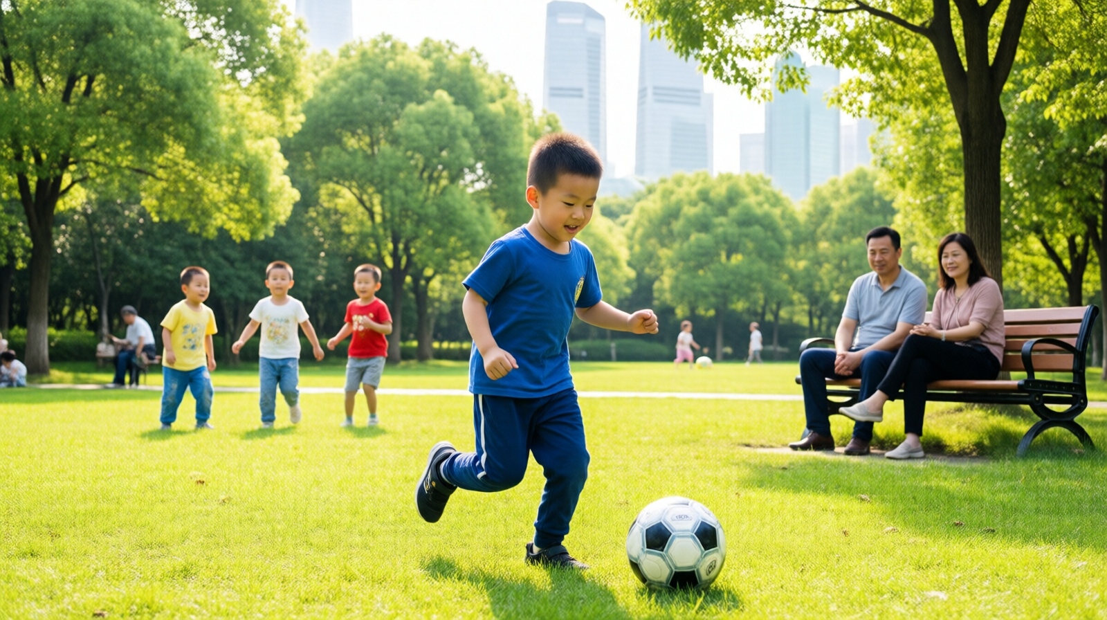 Young boy playing soccer in a park in Shanghai while parents watch