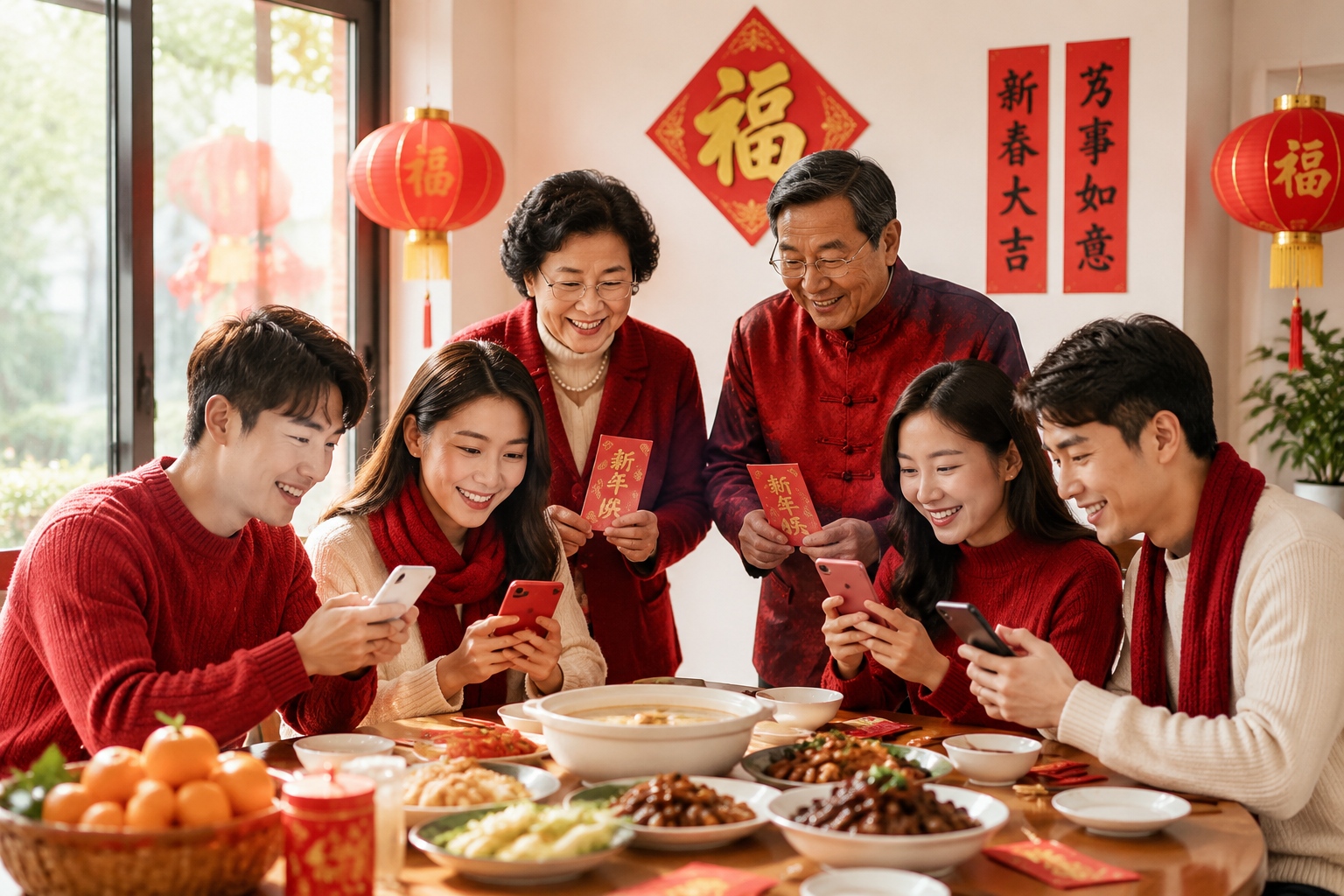 Chinese family members grabbing WeChat red packets on their phones during a Spring Festival dinner
