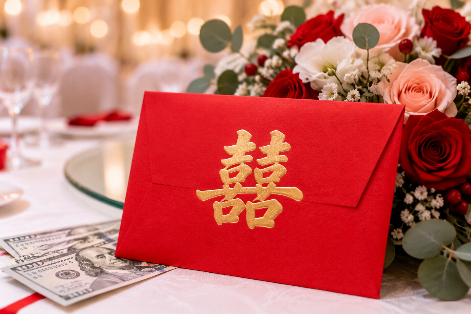 A traditional Chinese red envelope with a gold double happiness symbol at a wedding