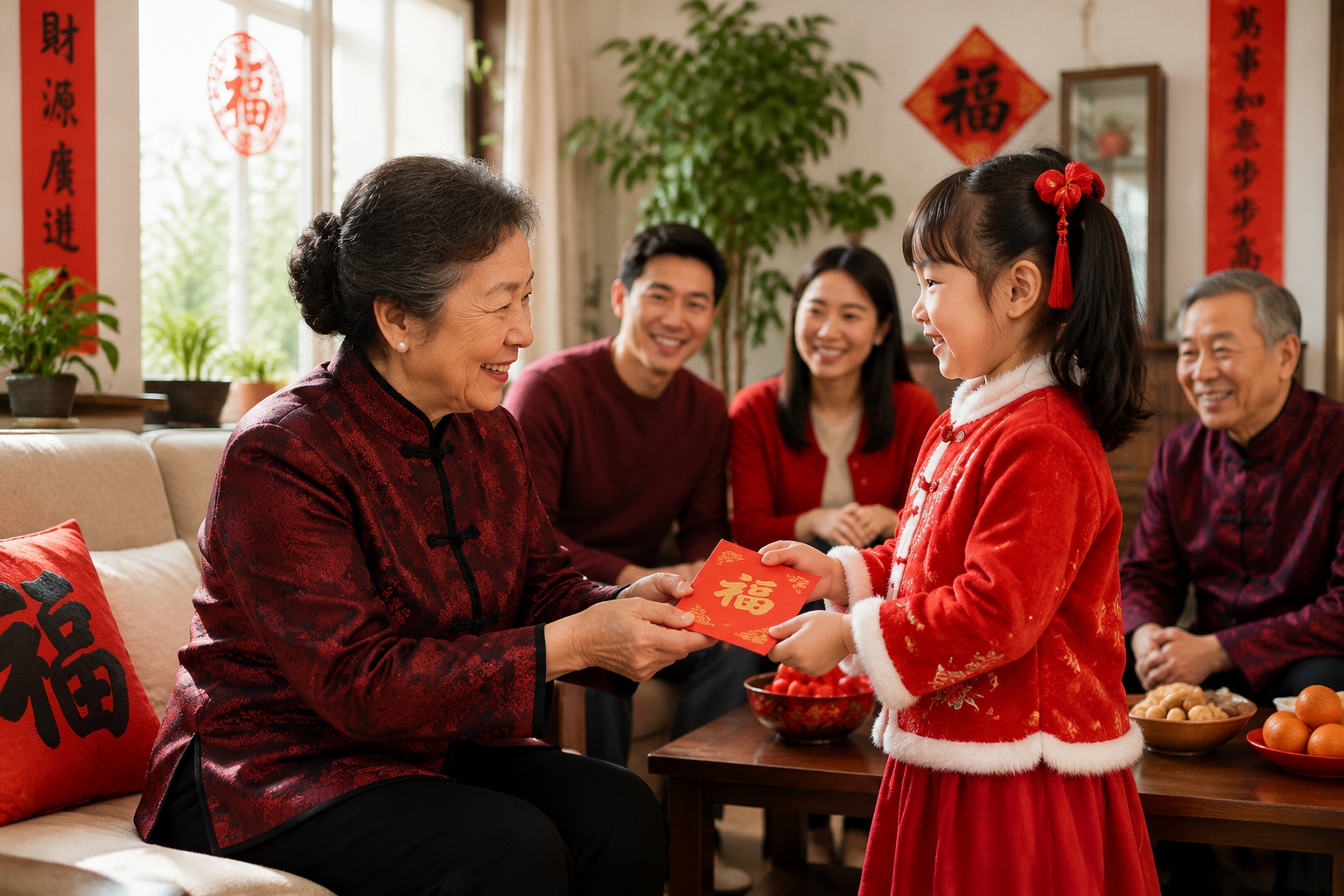 Grandmother giving a red envelope to her granddaughter during Chinese New Year