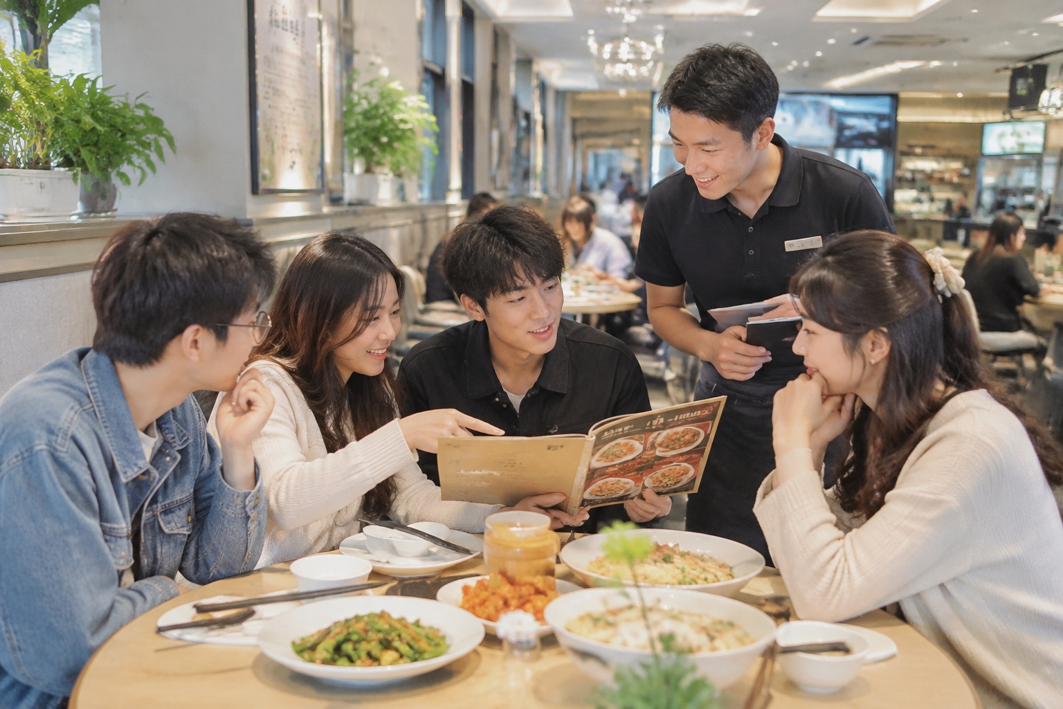 Young diners in China reviewing a menu with a waiter while ordering dishes for a shared meal, balancing variety and quantity.