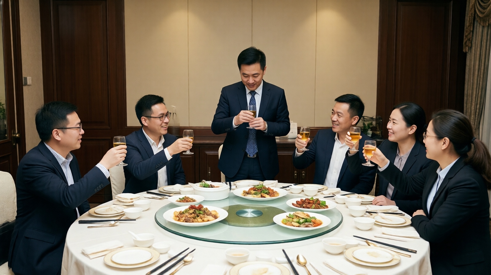 Business colleagues toasting at a Chinese dinner table, demonstrating formal dining etiquette during a shared meal.