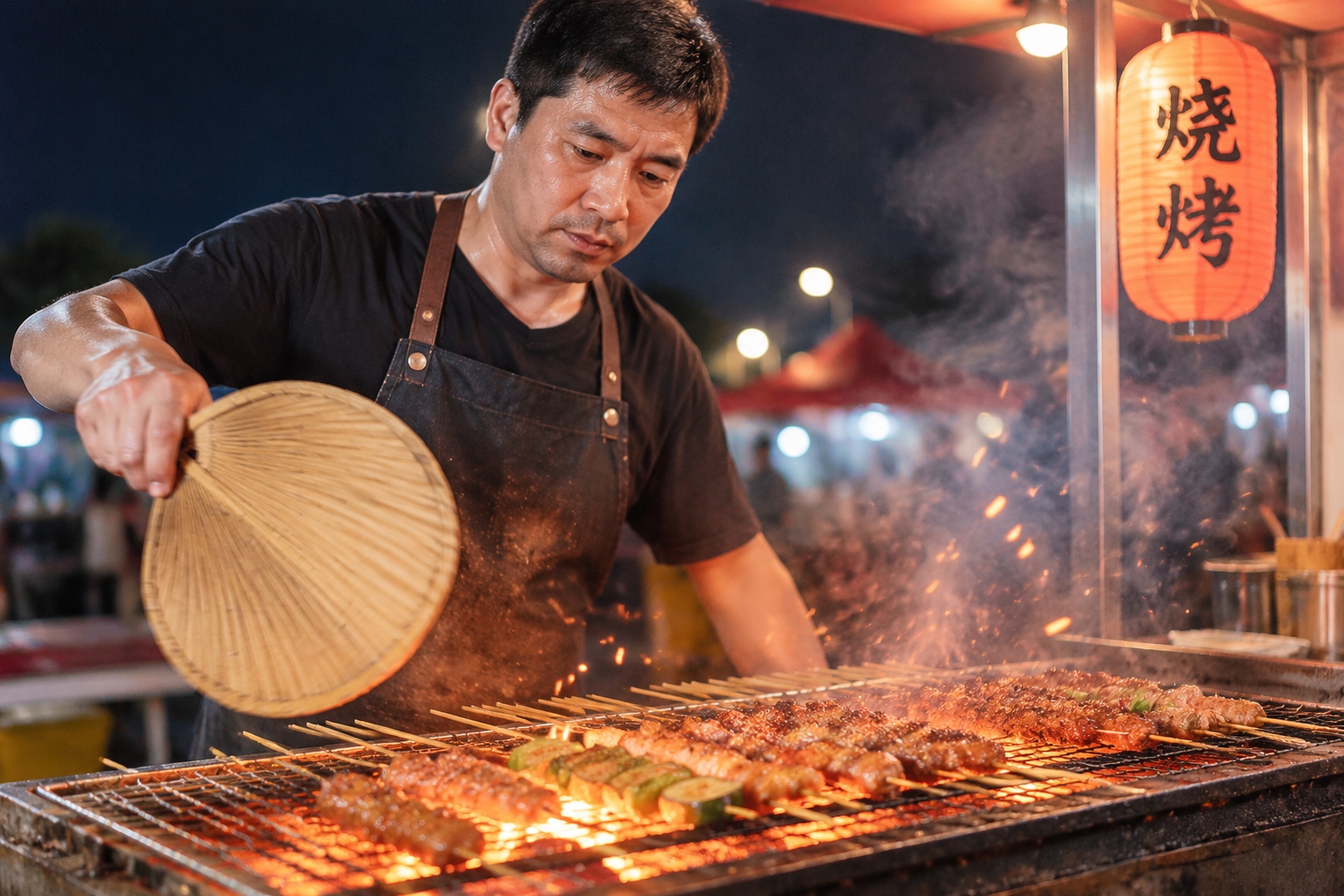 A street vendor grills meat skewers over charcoal at a Chinese night food stall, with smoke rising into the evening air