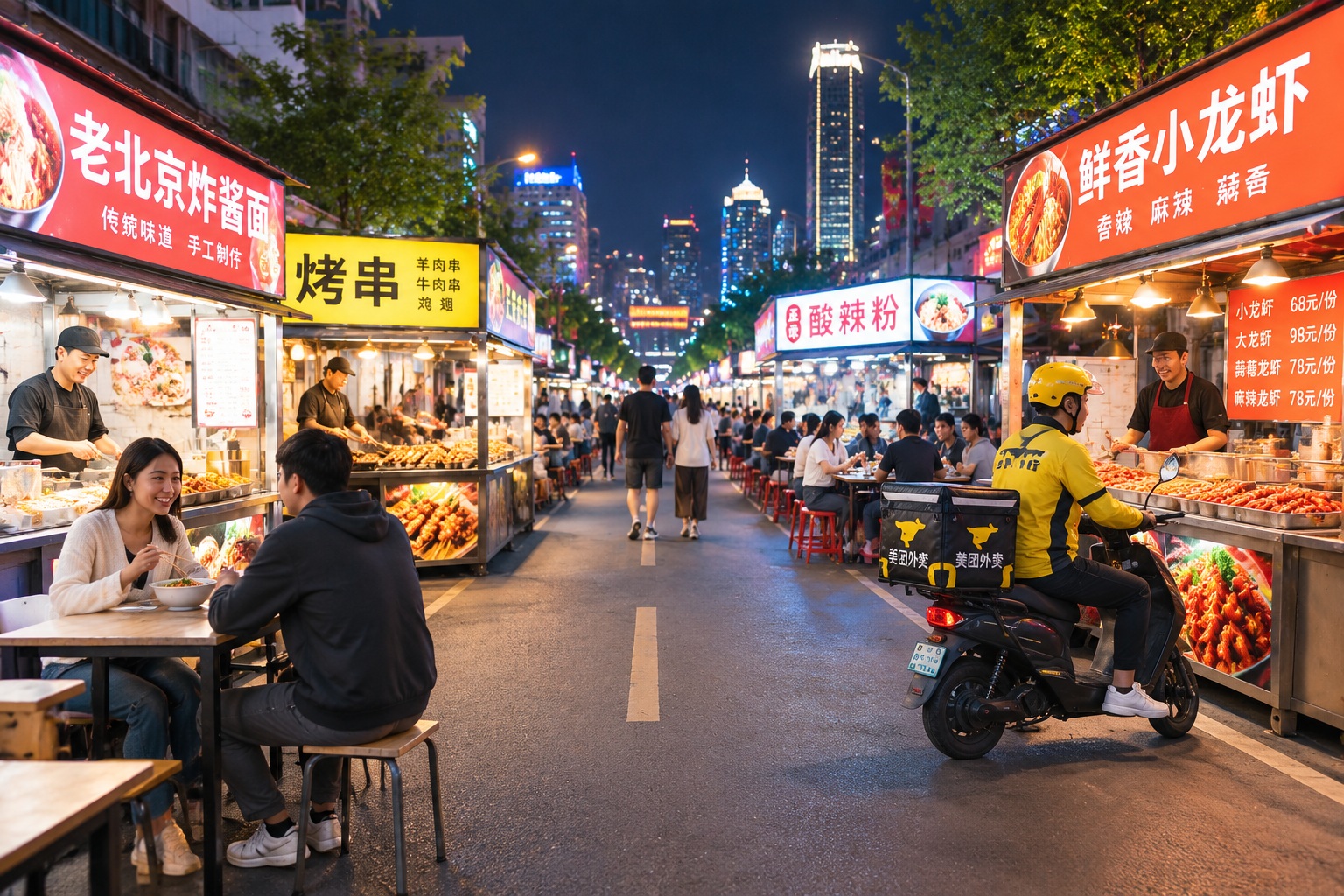 A busy night snack street in China with food stalls, diners, and a delivery rider