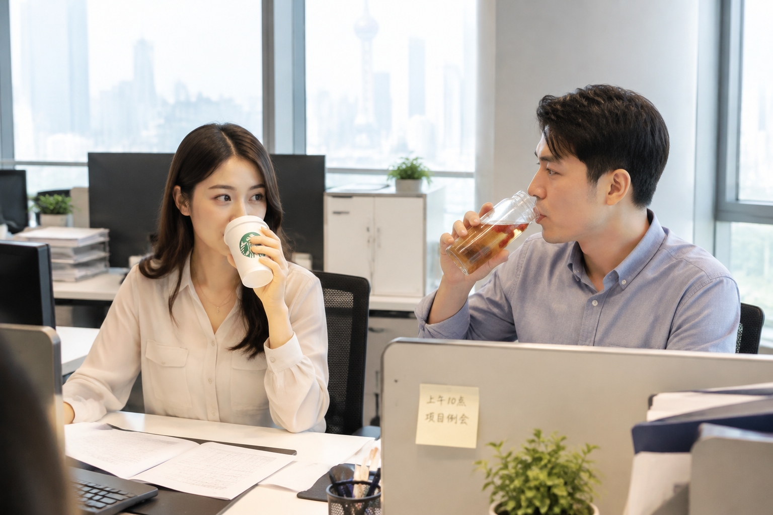 Young office workers in Shanghai drinking coffee and tea at their desks