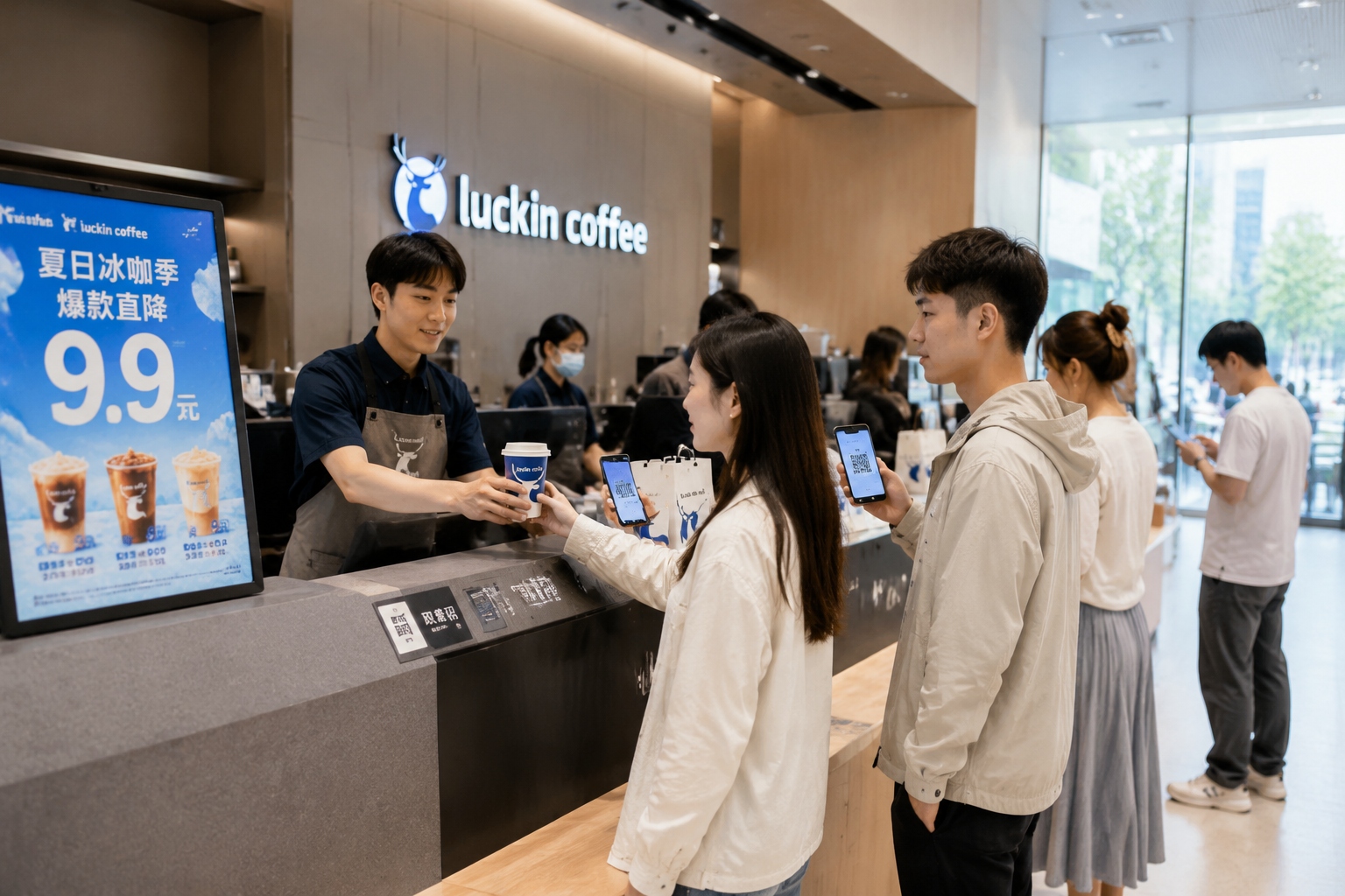 Customers picking up affordable 9.9 yuan coffee at a Luckin Coffee store in China
