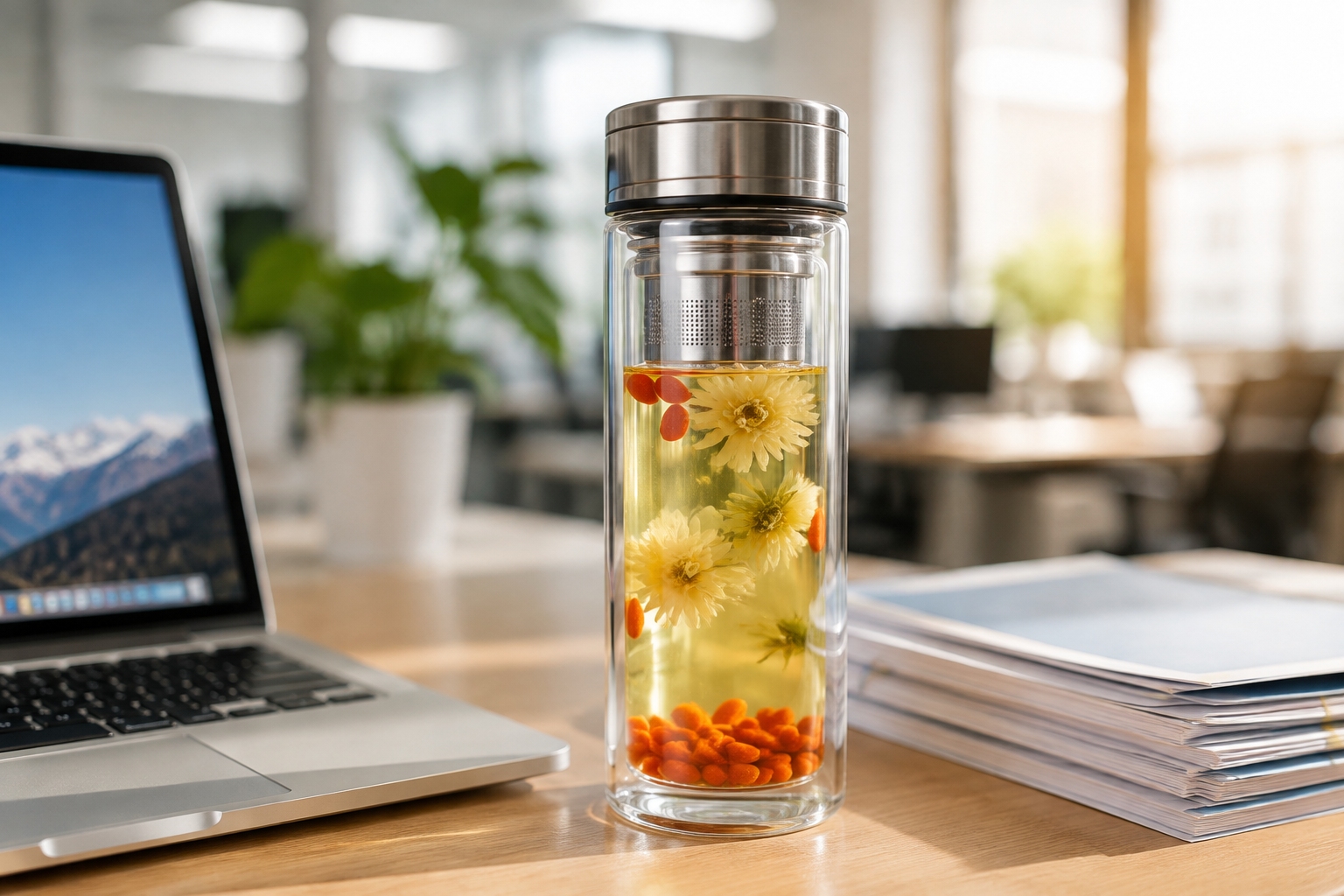 Glass thermos with goji berry and chrysanthemum tea on an office desk in China