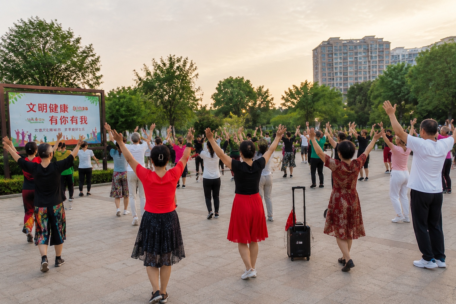 Square dancers in a Chinese park moving in sync in the evening