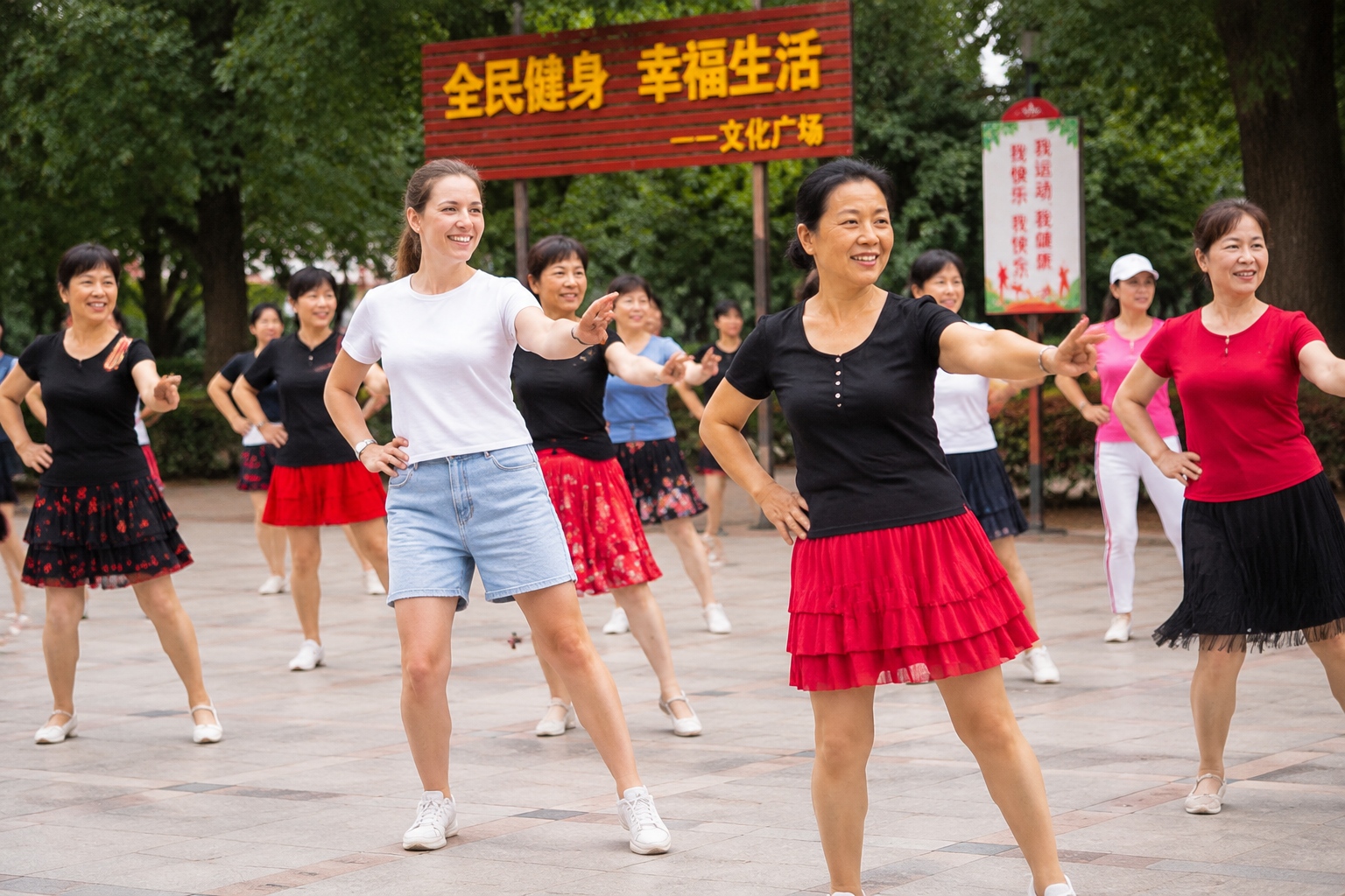 A foreign visitor joins a Chinese square dancing group from the back row