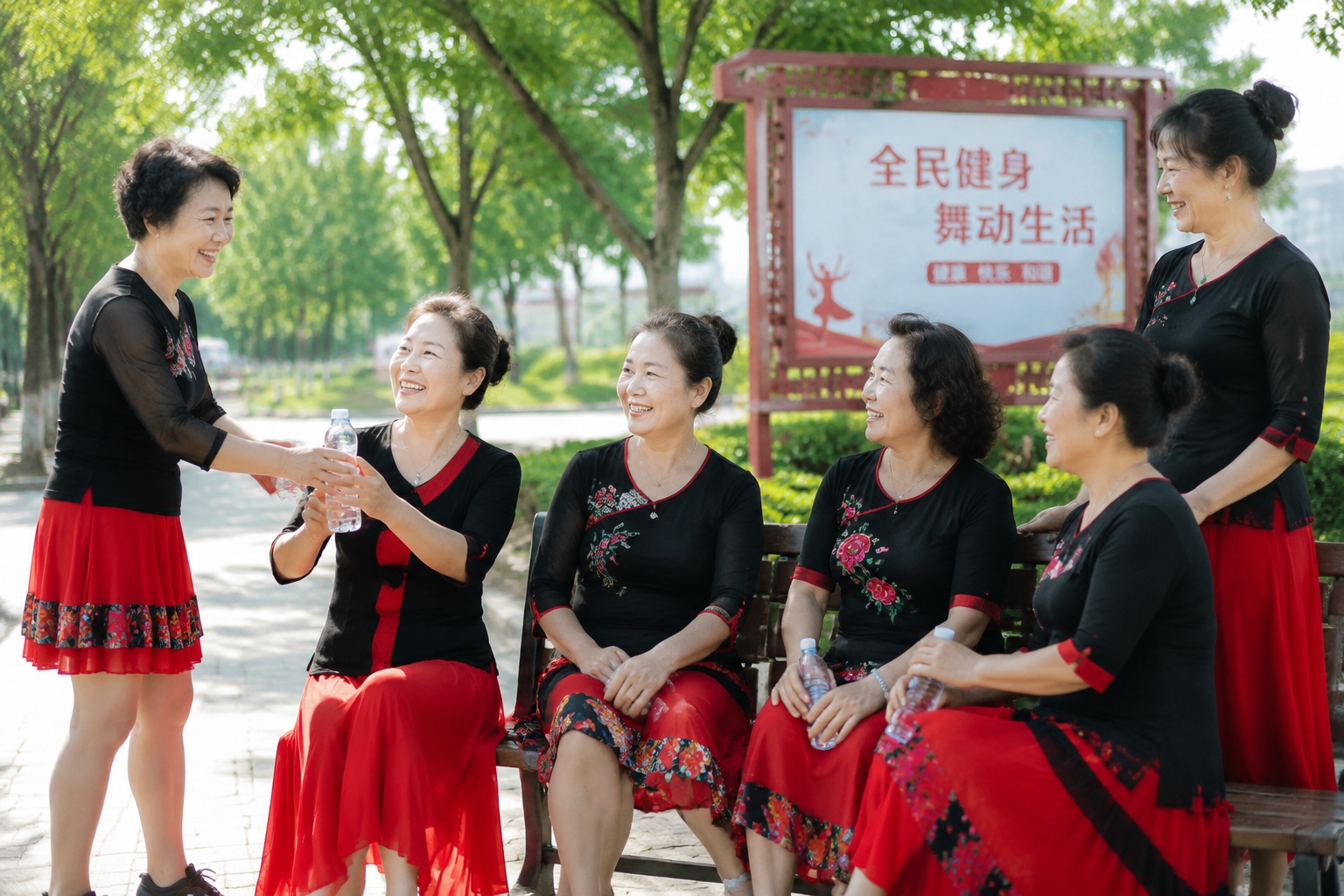 Square dancers chatting and laughing during a break in the park