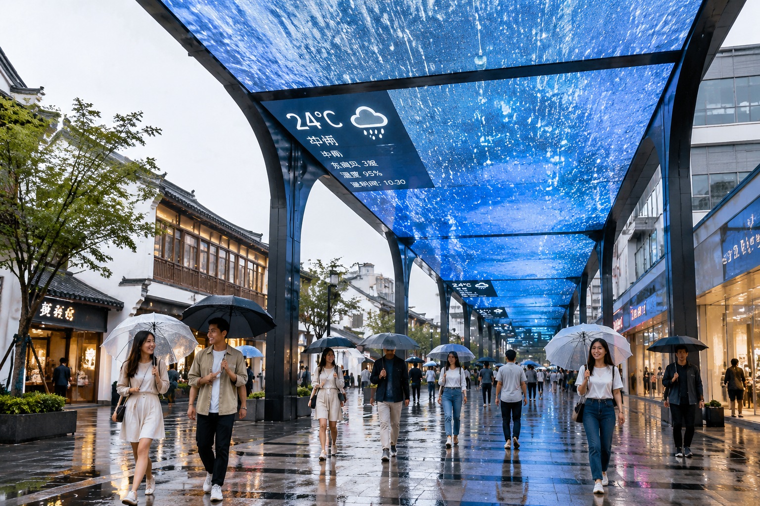 Commuters walking under the Suzhou LED canopy which displays rain patterns and weather info during a rainy evening.