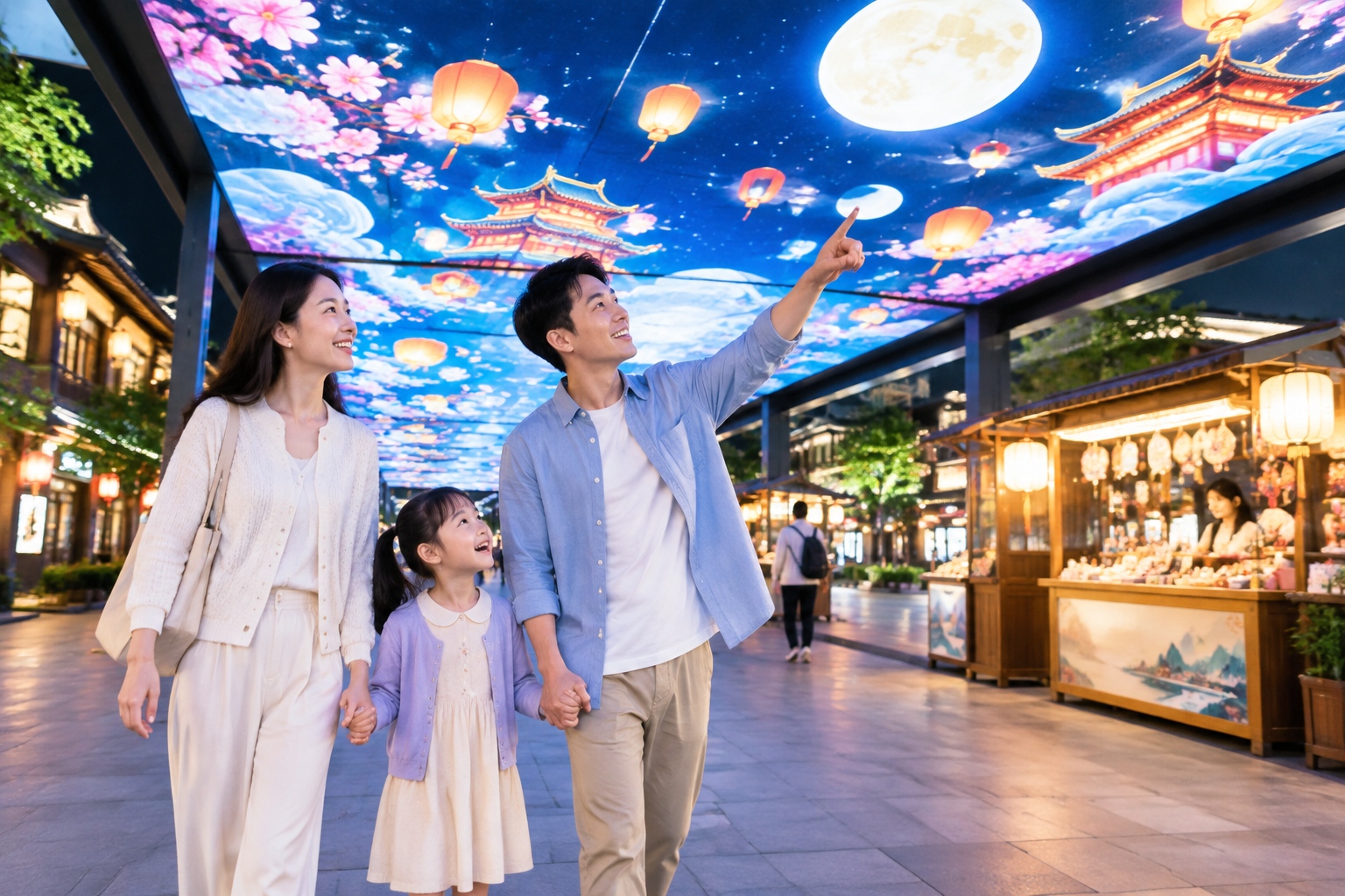 A family enjoying an evening stroll under the LED canopy which displays traditional cultural animations in Suzhou.