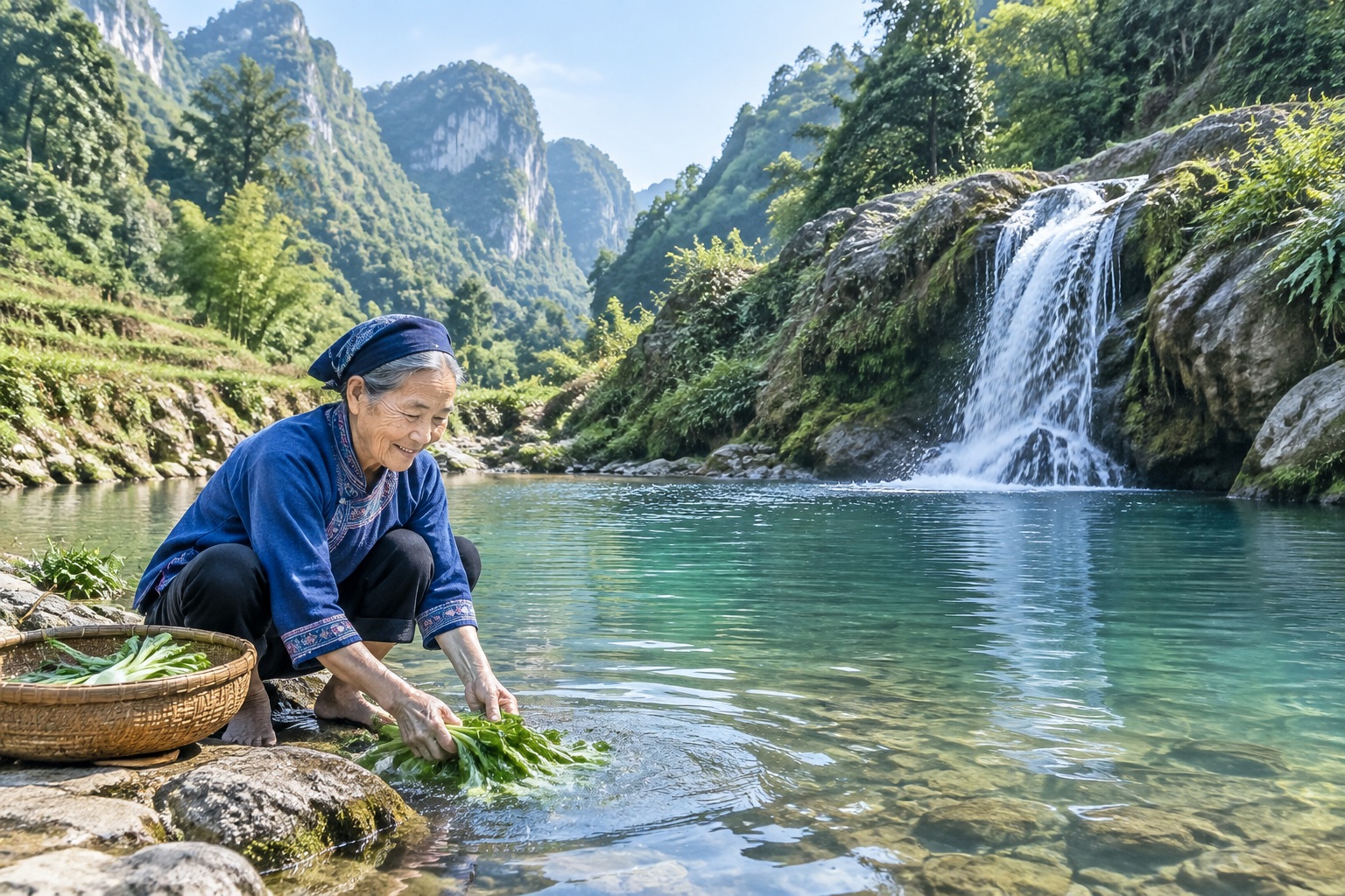 A tranquil waterfall pool in rural Guizhou where an elderly local woman washes vegetables, before the viral crowds arrived