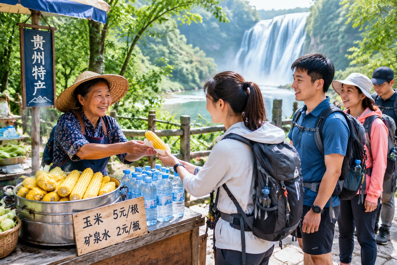 A Chinese grandmother selling snacks to tourists at a makeshift stall near a newly popular waterfall in Guizhou