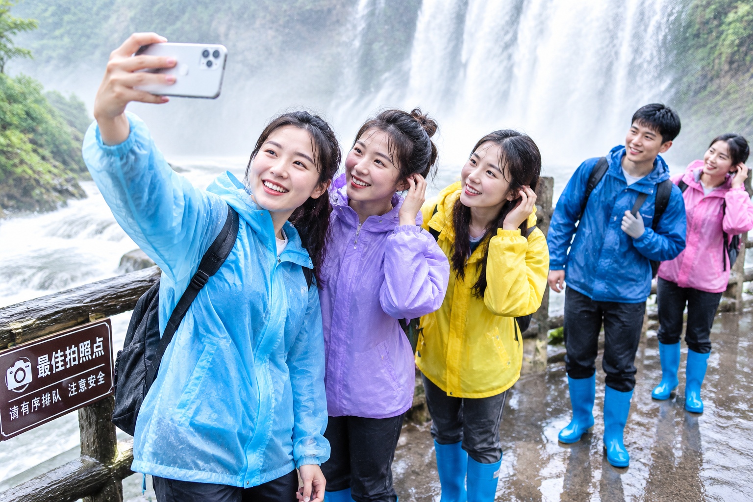 Young Chinese tourists queue to take selfies at a viral waterfall in Guizhou, with mist and splashing water