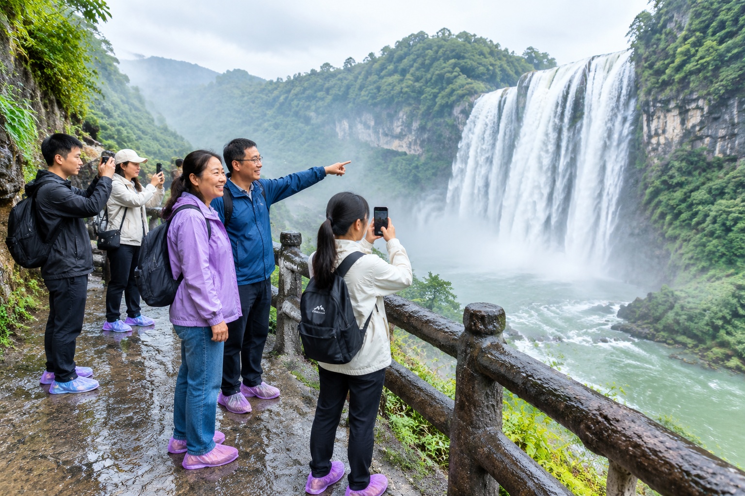 Tourists in plastic shoe covers navigating a slippery path near a Guizhou waterfall after the site went viral
