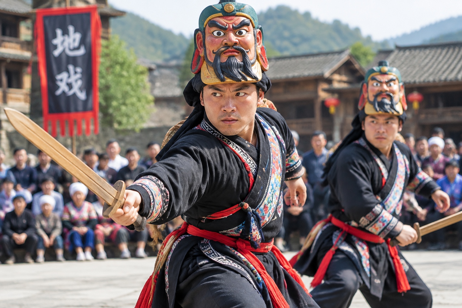 Tunpu Dixi in Anshun: A Living Fossil of Han and Ethnic Minority Cultural Blending 22 Tunpu Dixi performers with wooden masks perform on the ground in an Anshun stone village
