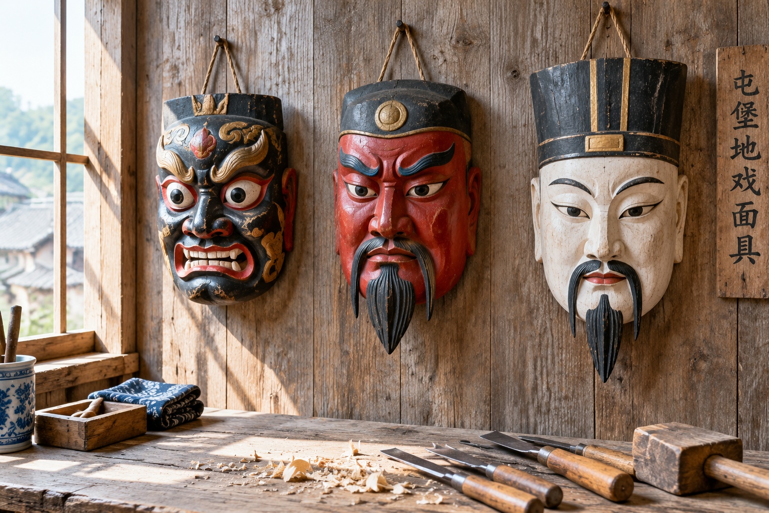 Tunpu Dixi in Anshun: A Living Fossil of Han and Ethnic Minority Cultural Blending 23 Hand-carved wooden masks used in Anshun Tunpu Dixi opera on display in a workshop
