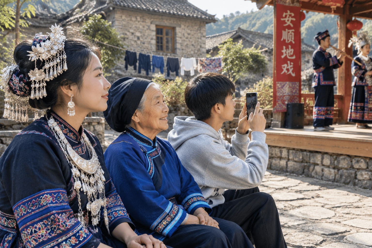 Tunpu Dixi in Anshun: A Living Fossil of Han and Ethnic Minority Cultural Blending 24 Miao, Han, and young viewers watch a Dixi opera performance together in an Anshun village