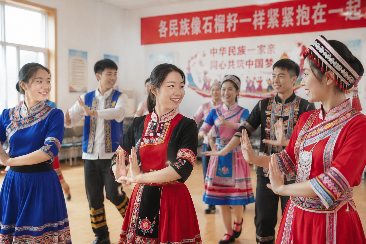 Ethnic minority preparatory students participate in cultural activities on a university campus in southwest China