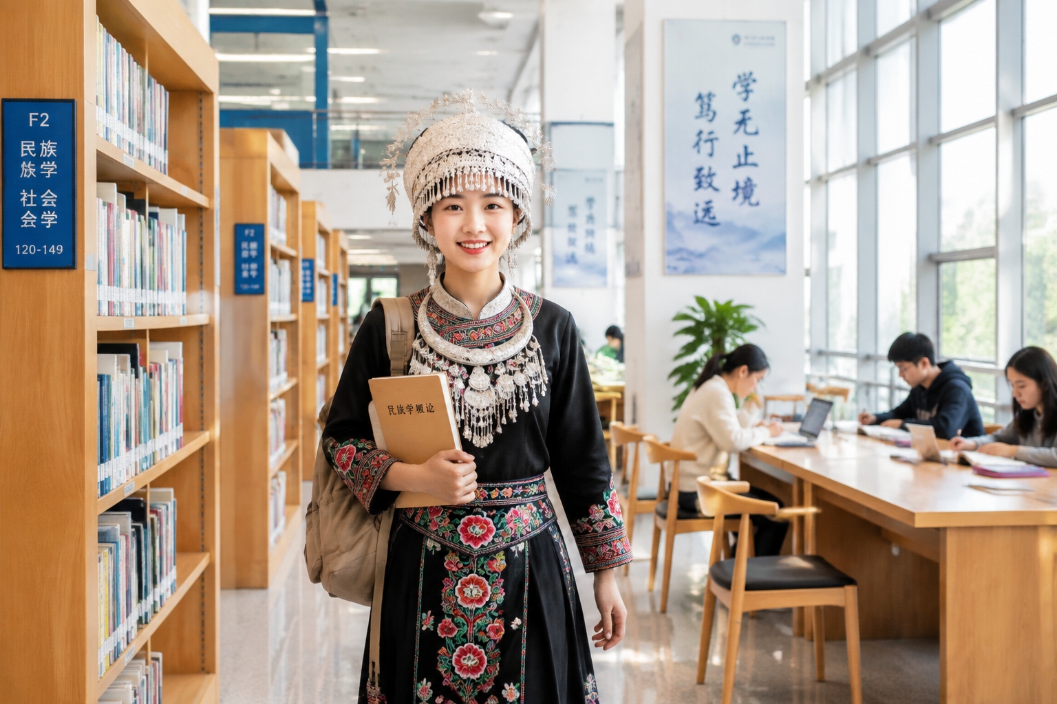 Ethnic minority university student in a southwest China campus library after completing a preparatory program