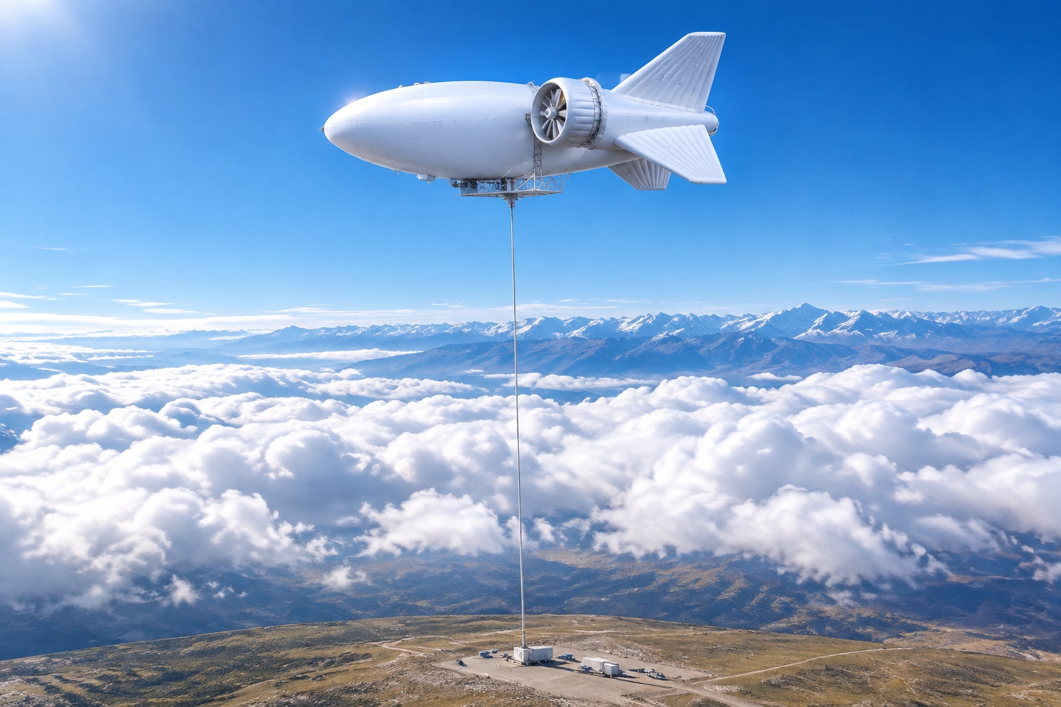 S4000 floating wind power system tethered at 4,000 meters altitude above a cloud layer, with cable descending to a ground station