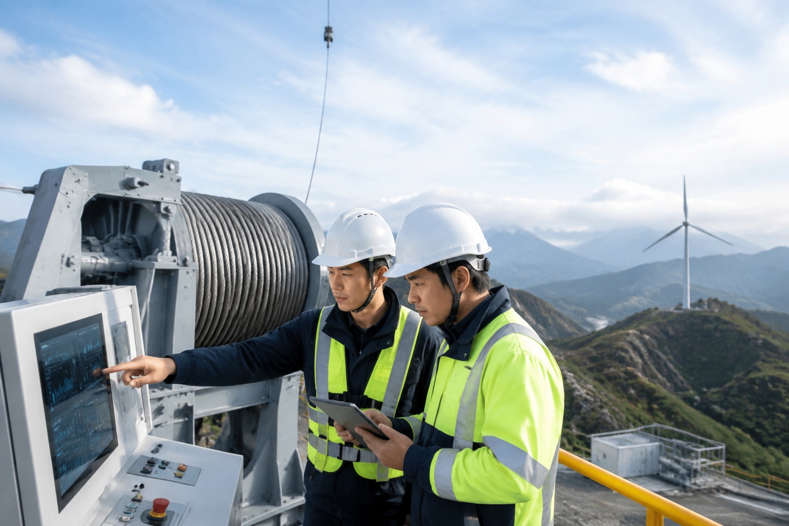 Engineers inspecting the carbon-fiber composite tether cable and ground control unit of the S4000 high-altitude wind system