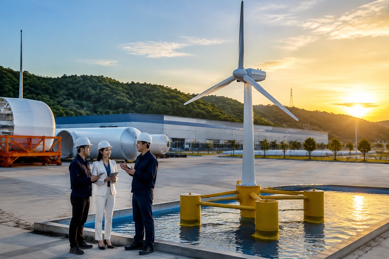 Industrial park in China developing high-altitude wind power equipment, with a small prototype and turbine parts