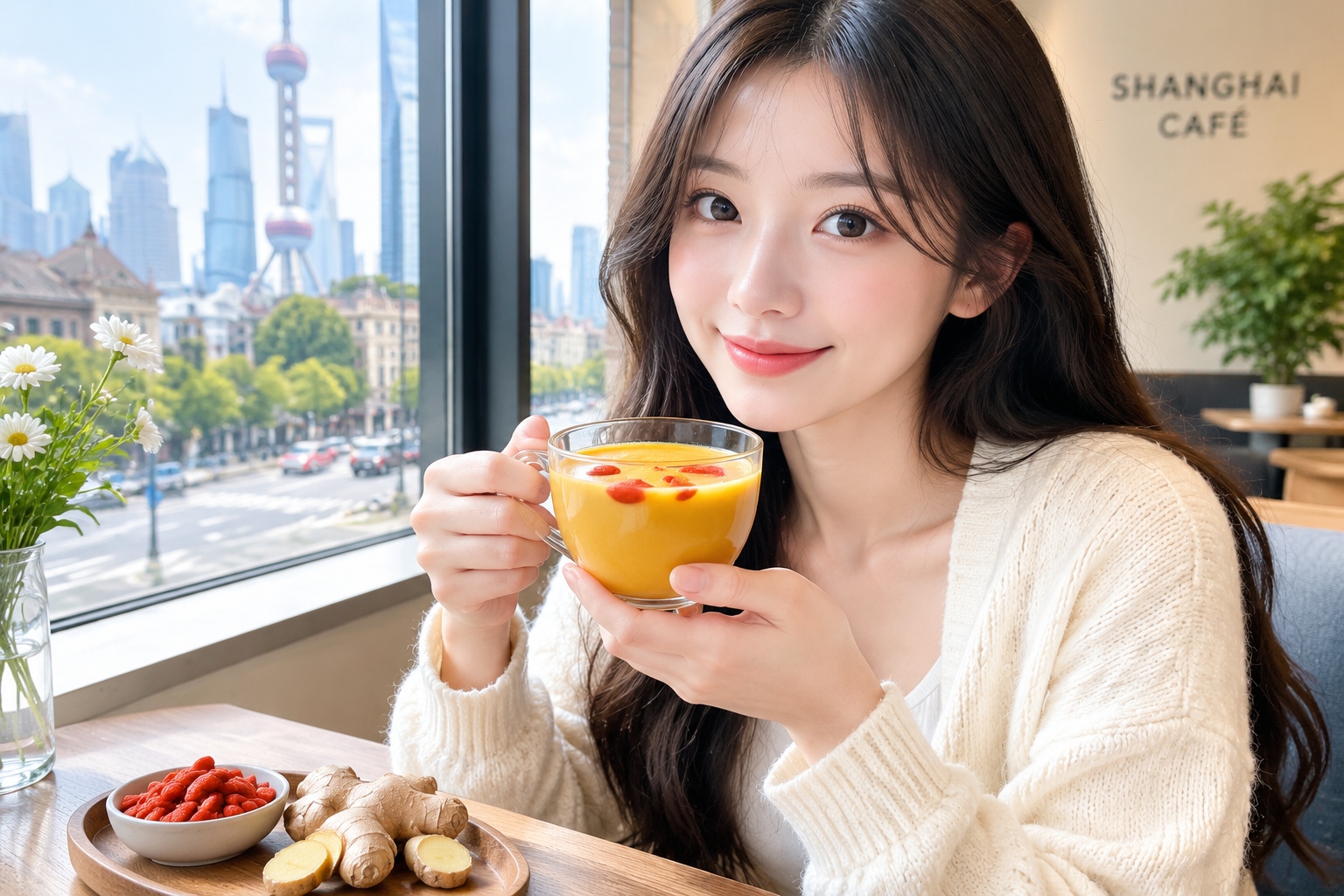 Young woman drinking traditional herbal coffee with goji berries in a modern Shanghai cafe