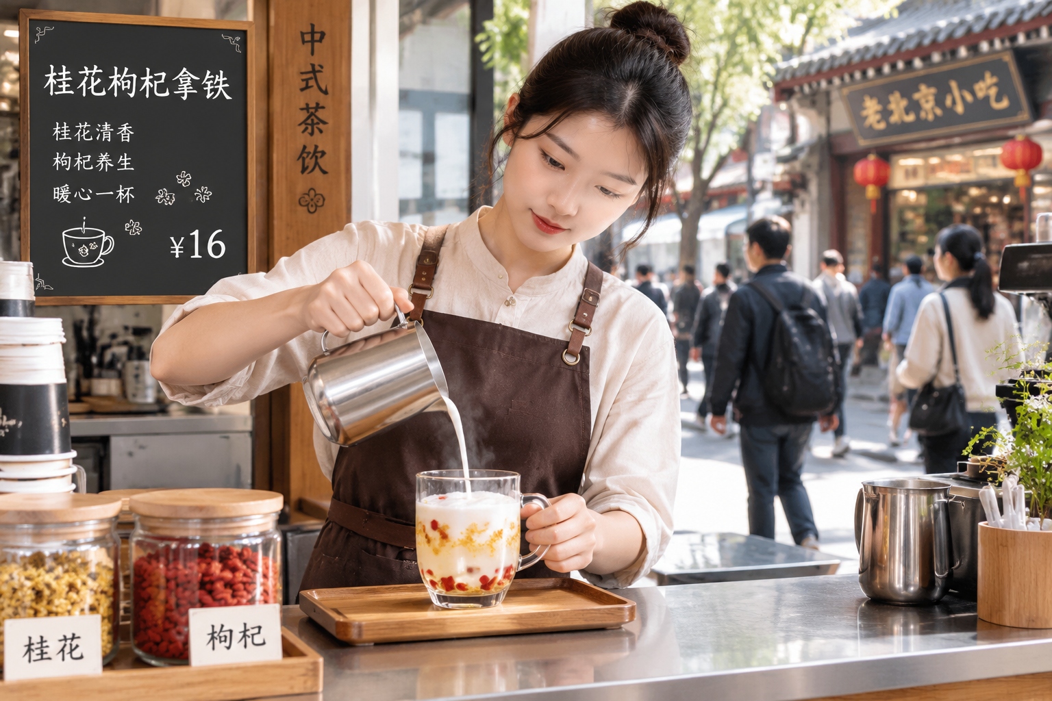 Barista preparing herbal tea latte with jujube and ginger on a busy Chinese street