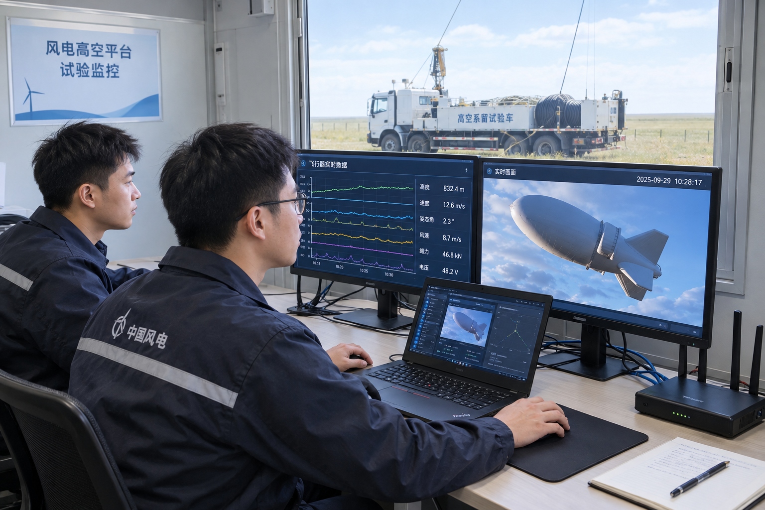 Engineers monitoring telemetry inside a ground control container during a floating wind turbine test in China