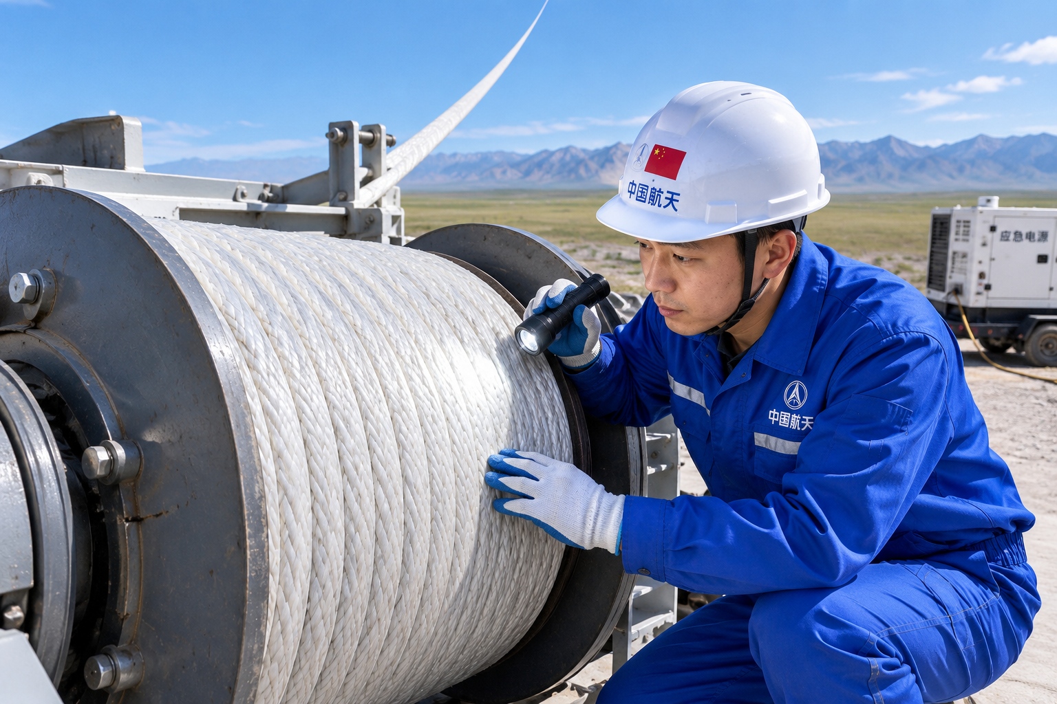 Technician inspecting a high-strength tether cable on a winch drum used for airborne wind energy generation