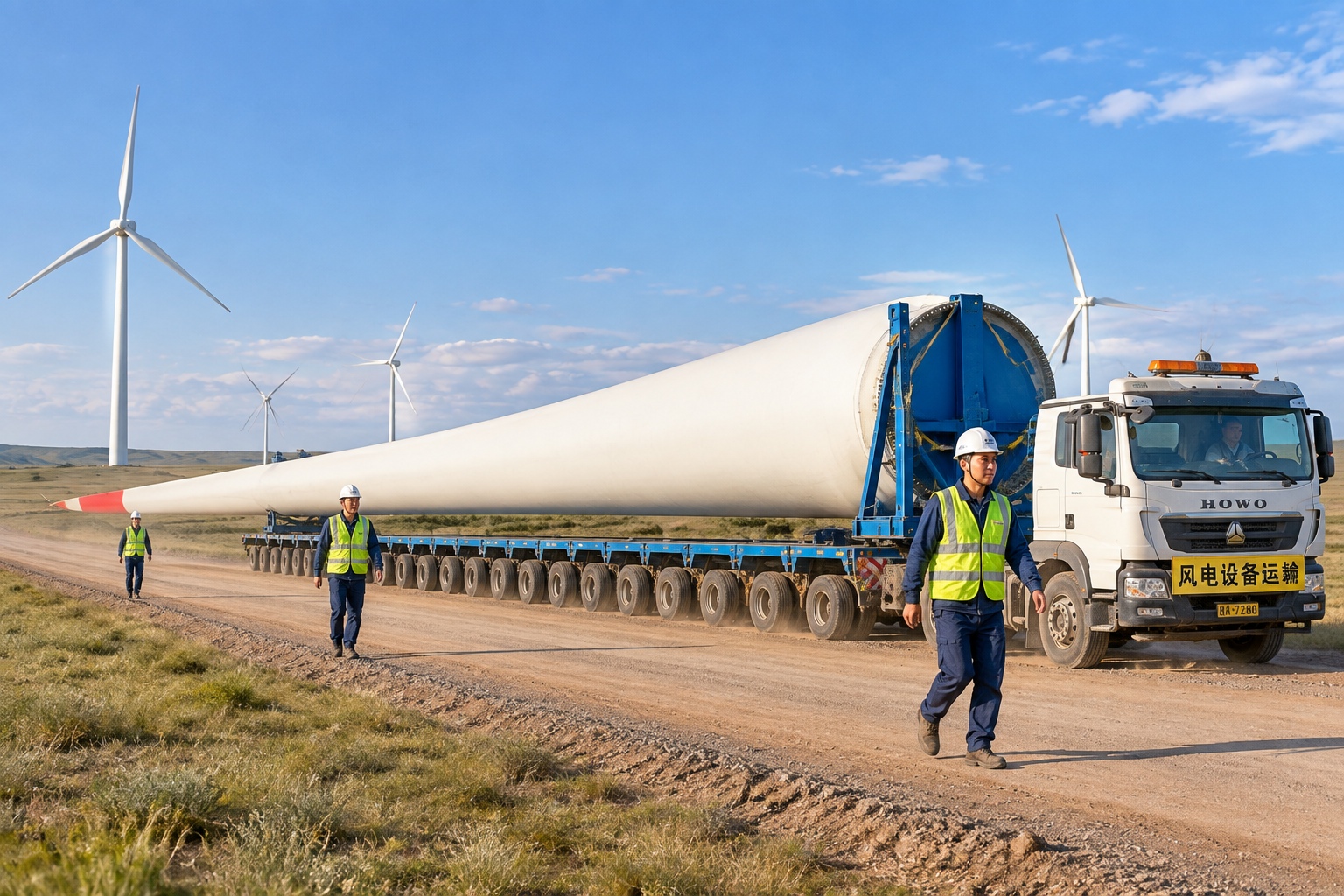 Oversized wind turbine blade on a transport trailer at a wind farm in Inner Mongolia, China