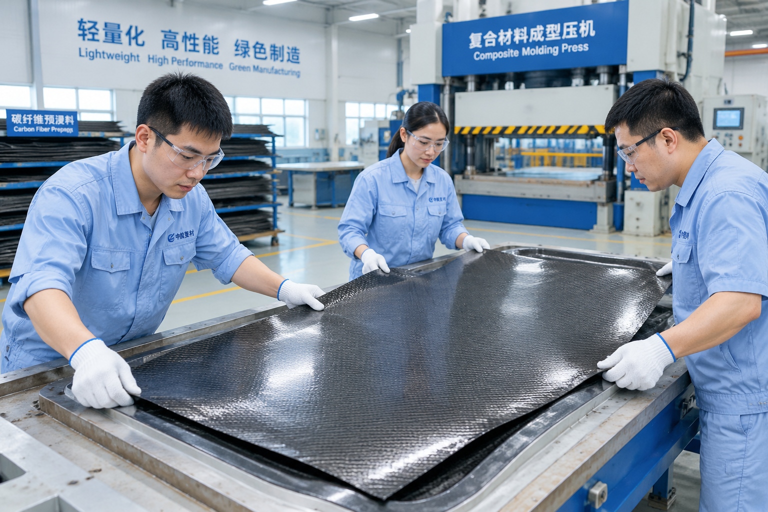 Workers laying composite material in a Chinese factory producing lightweight components for wind energy equipment