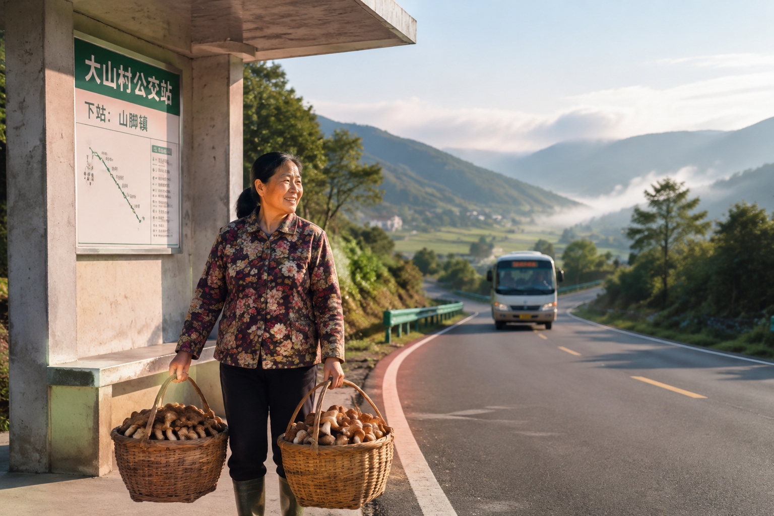 A Chinese villager with mushroom baskets waits by a rural road for the minibus to the county town, highlighting the new road network.