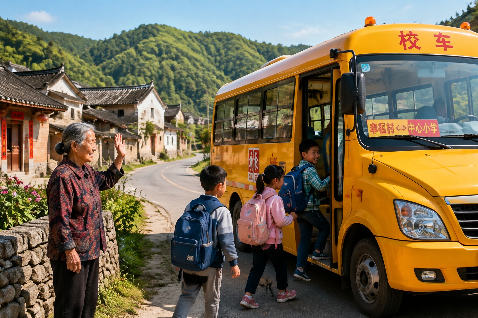 Children boarding a yellow school bus on a new rural road in China, with village houses and mountains in the background.