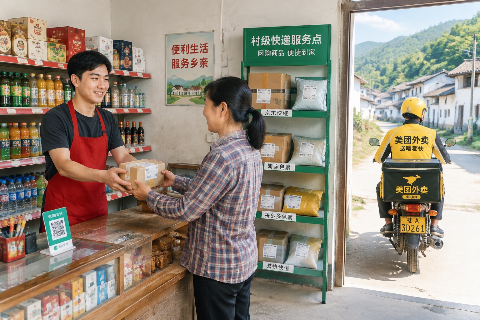 A shopkeeper handing a package to a customer at a village e-commerce pickup point, showing online delivery reaching rural China.