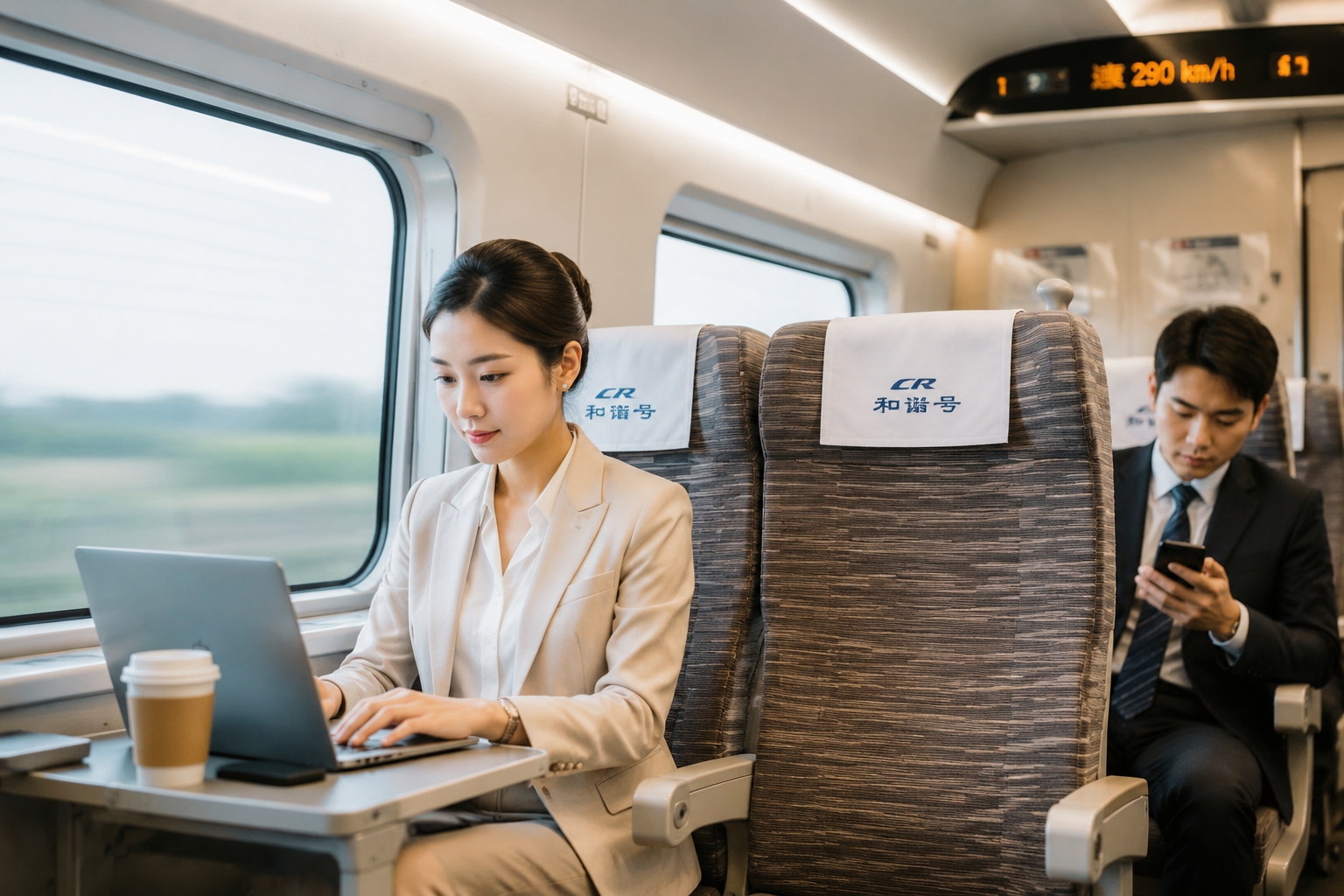 Passengers working and relaxing inside a clean, modern high-speed train in China, with a speed display showing 290 km/h