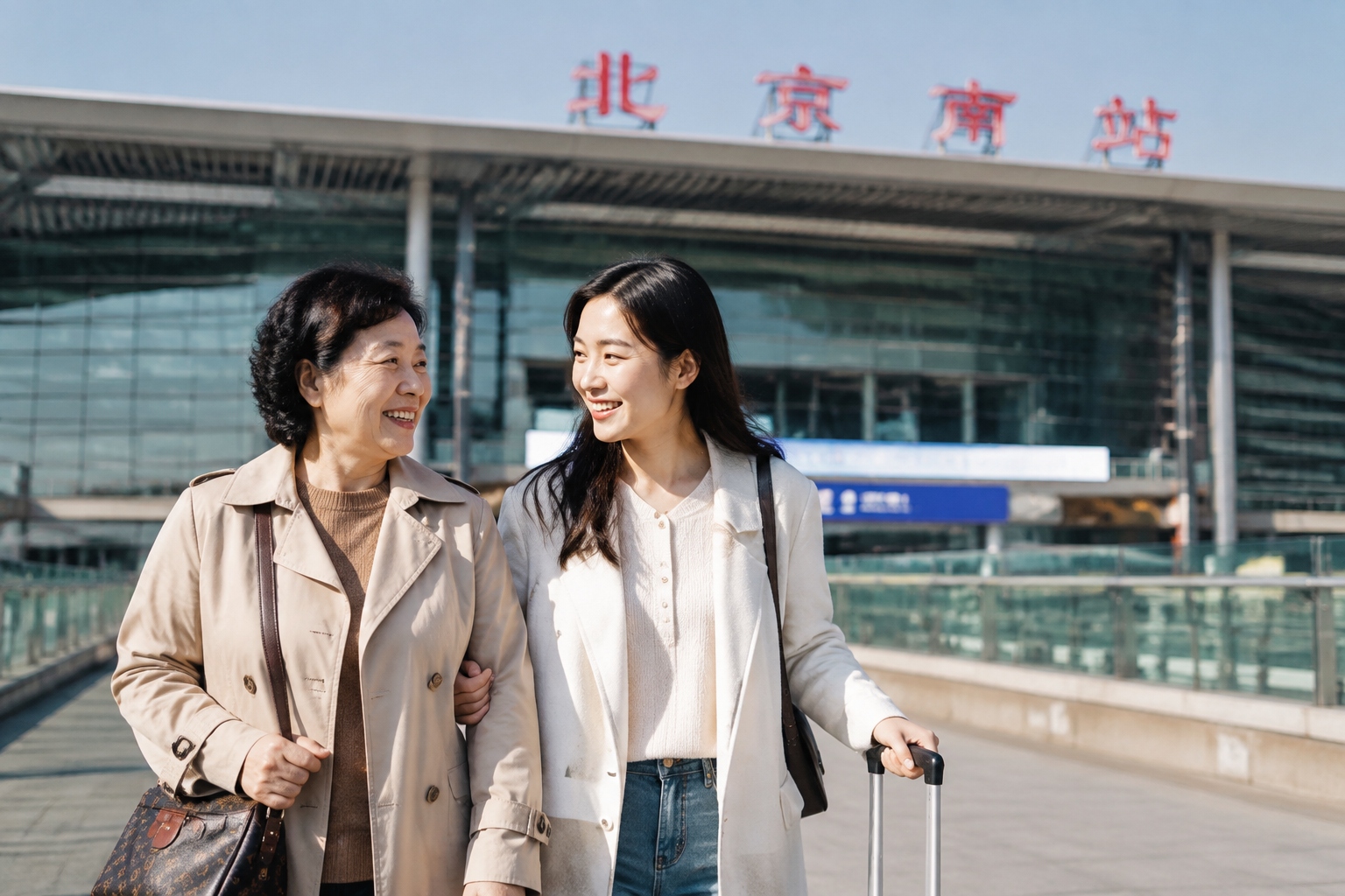 Mother and daughter reuniting at a high-speed rail station in China, smiling as they leave the platform