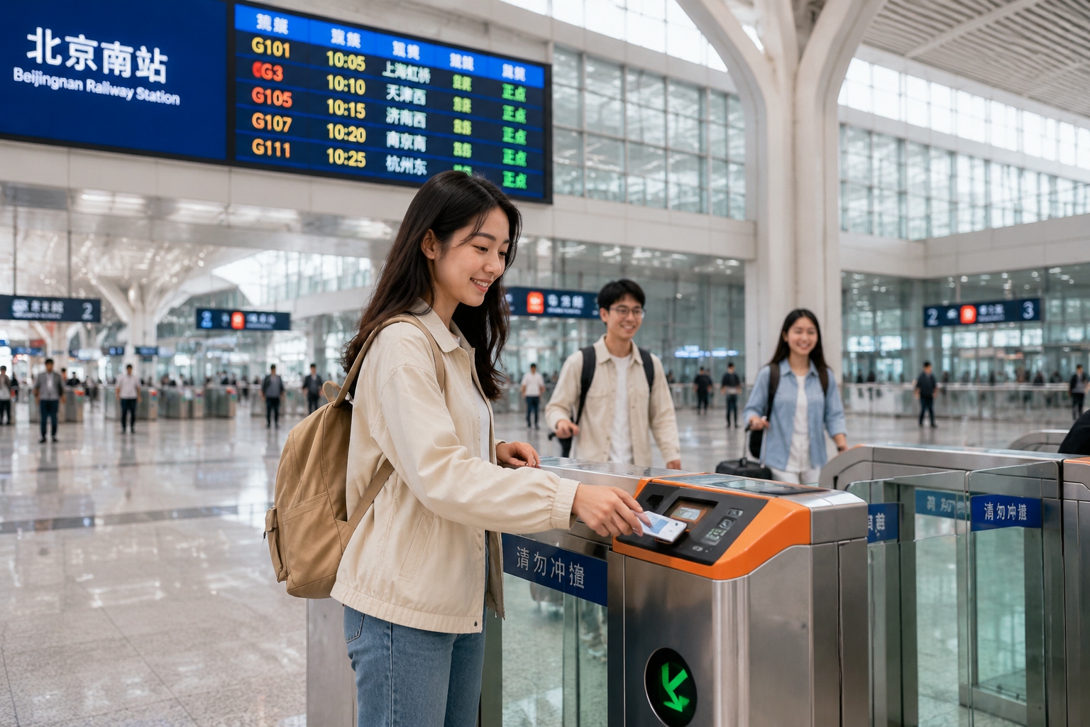 Passenger using a smartphone to pass through the ticket gate at a Chinese high-speed railway station