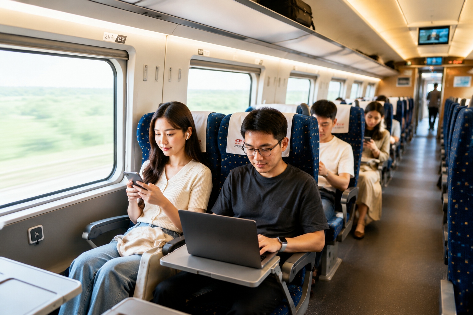 Inside a second-class high-speed rail car in China showing comfortable seats and amenities
