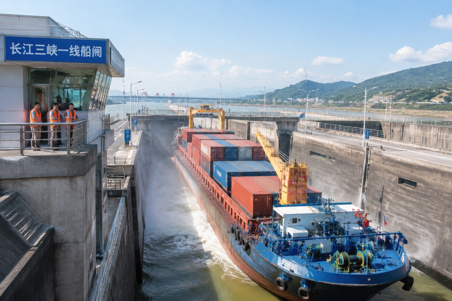 A container barge enters a modern lock on the Yangtze River, watched by engineers from a control tower.