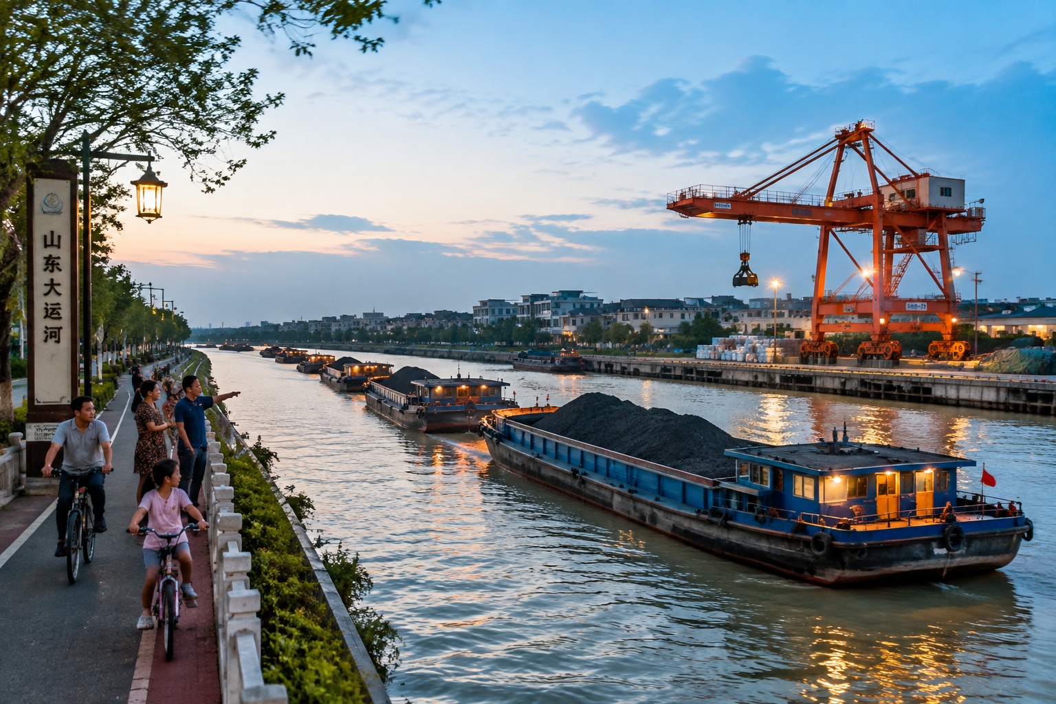 Coal barges travel along the Grand Canal in Shandong, with a small modern port on the bank.