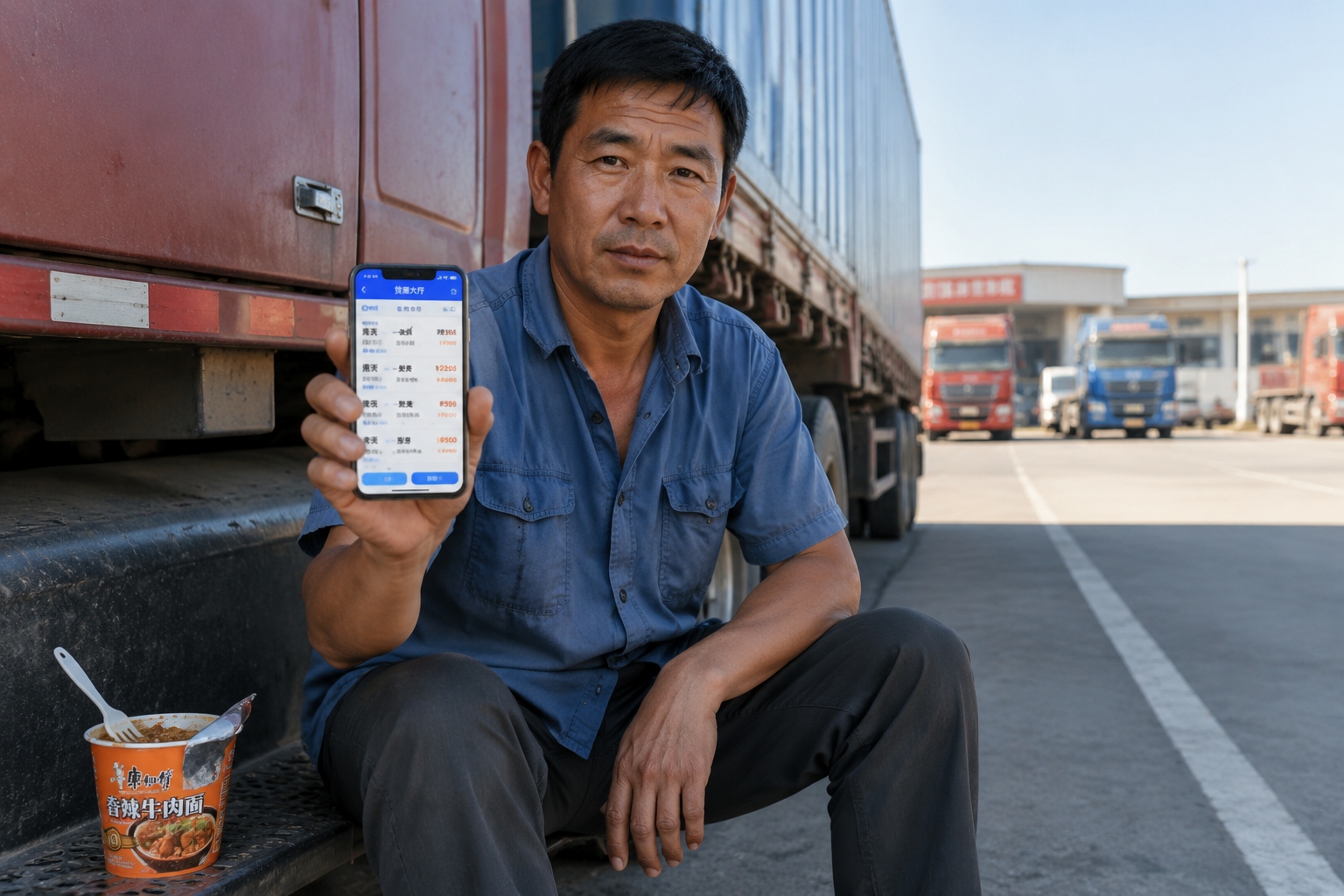 Chinese truck driver checking a logistics app at a highway service area in the morning