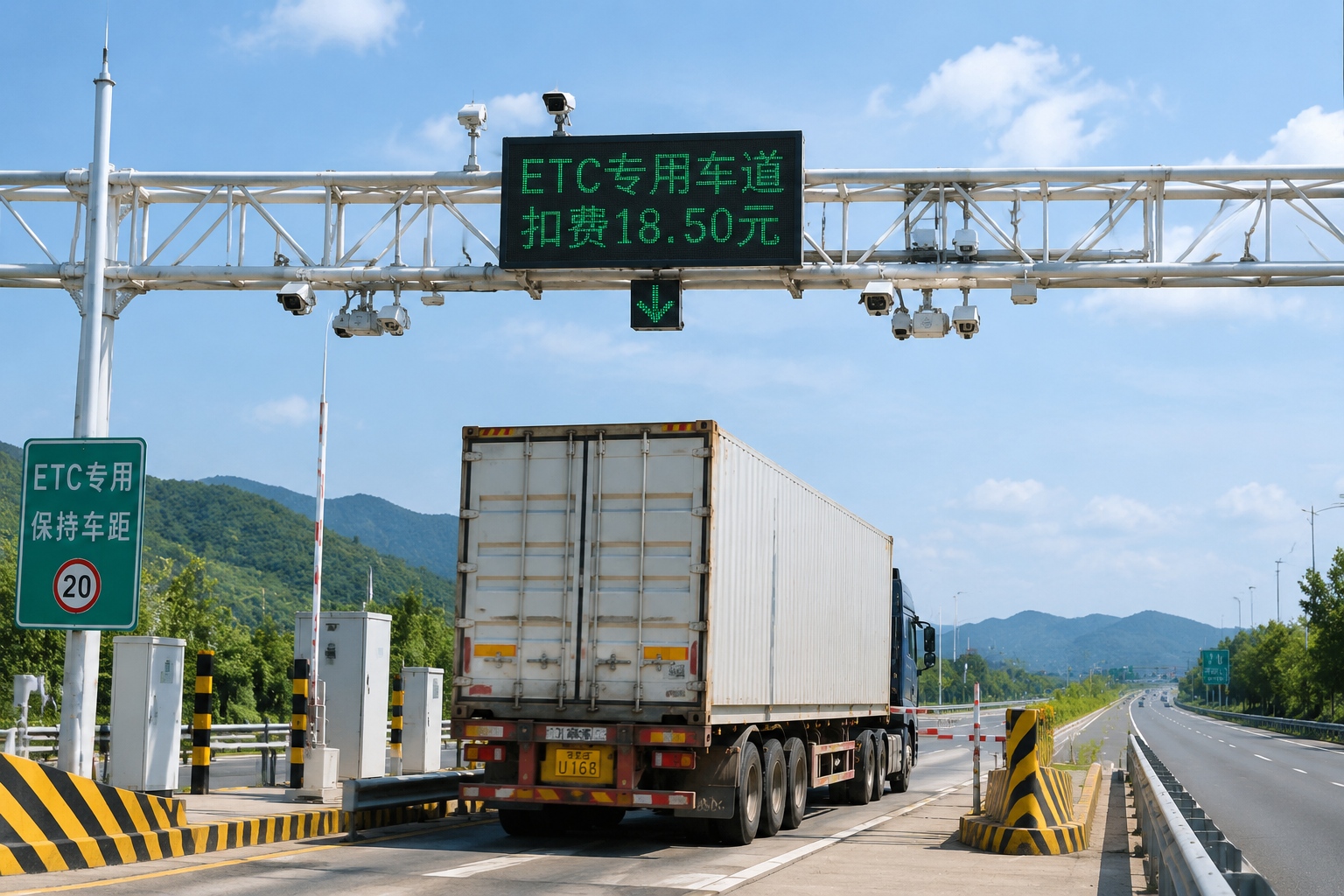 Truck passing through an ETC toll gantry on a Chinese expressway