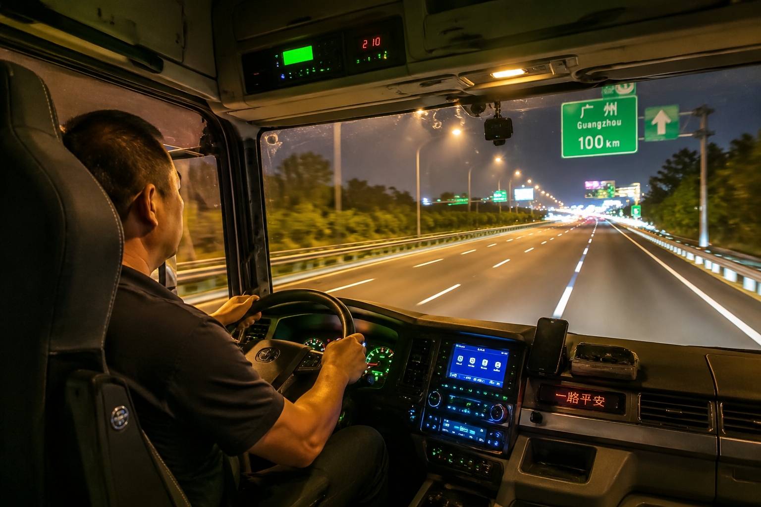 Truck driver driving at night on a Chinese expressway with dashboard lights reflecting on windshield