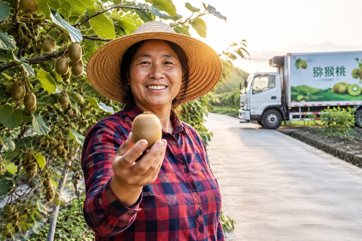 Female farmer holding a fresh kiwifruit in an orchard in Guizhou, with a rural delivery truck and paved road in the background