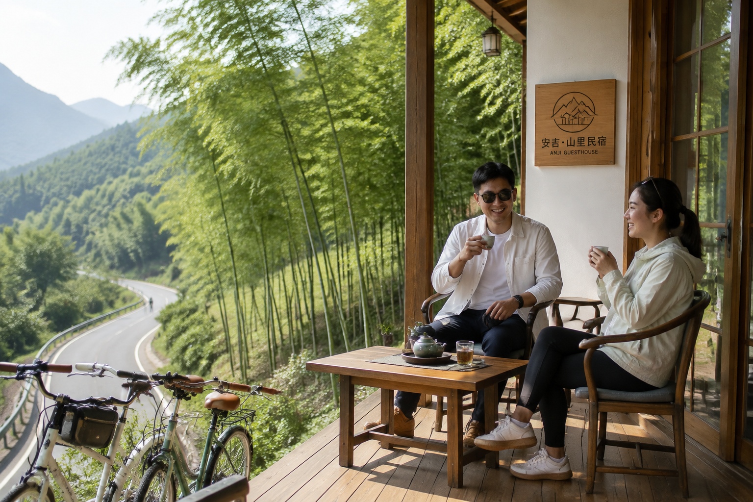 Tourists relax at a rural guesthouse in Anji County, with a winding mountain road and bamboo forest in the view