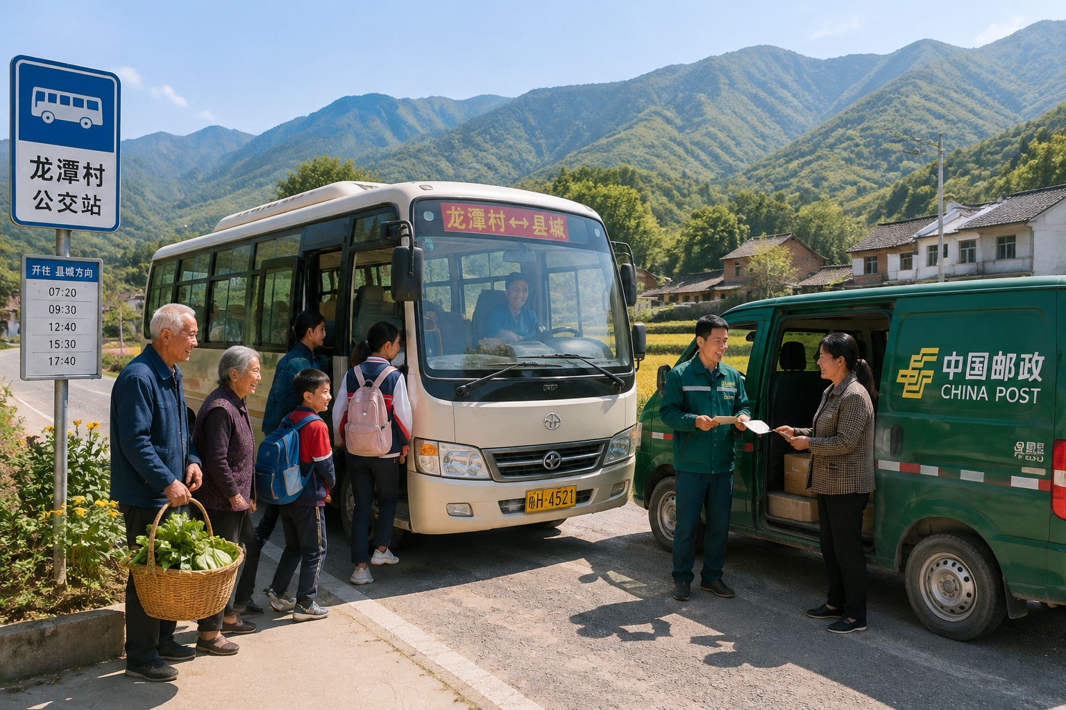Village bus and postal van at a rural stop in China, showing how roads connect remote communities to essential services