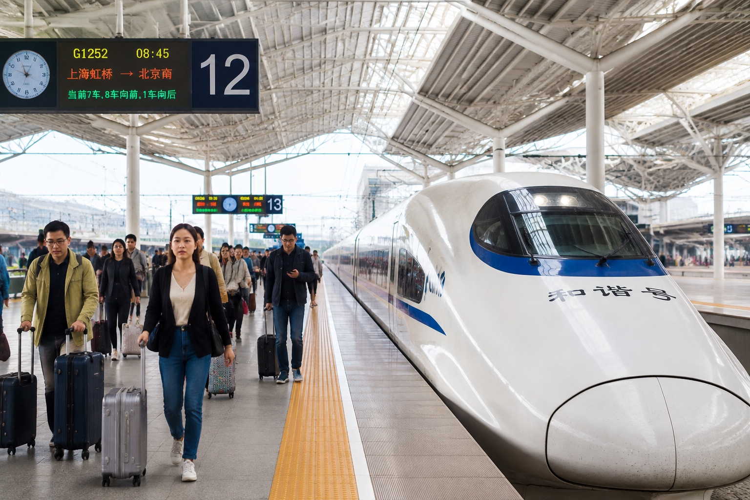 Passengers boarding a high-speed train at a Chinese railway station during morning rush hour
